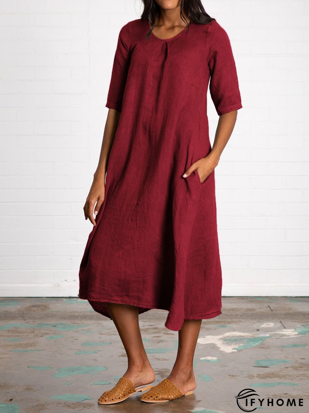 V Neck Half Sleeve Pockets Linen Women Midi Dress | IFYHOME
