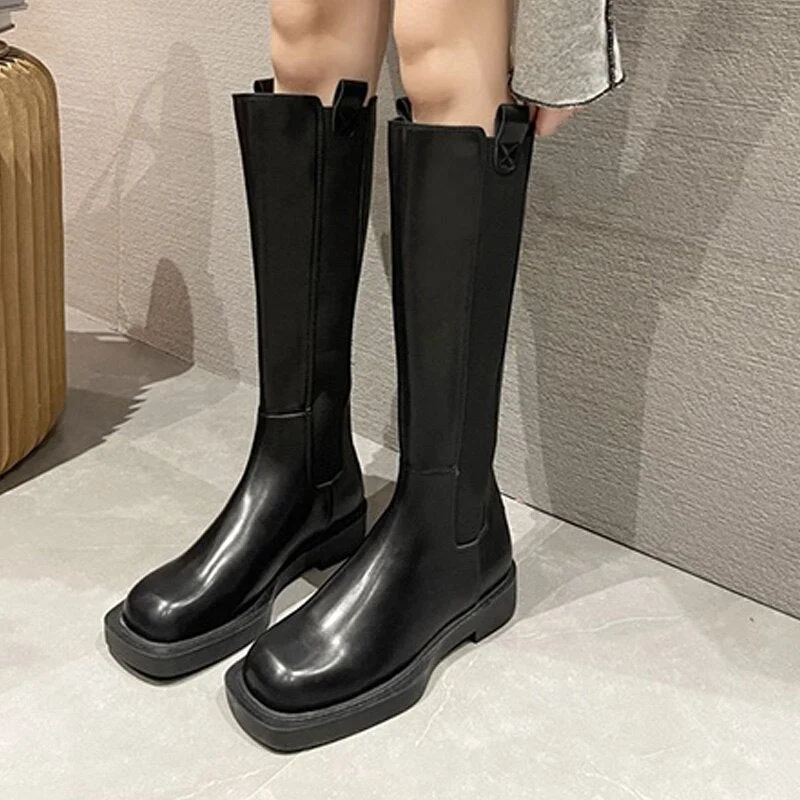 High Boots Women Zipper Leather Shoes 2021 Autumn Thick Bottom Platform Ladies Knee High Boots Elegant Fashion Female Footwear
