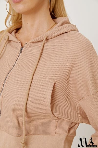 MidiSono - Waffle-Knit Drawstring Zip Up Hoodie