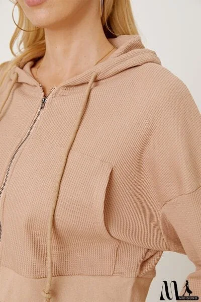 MidiSono - Waffle-Knit Drawstring Zip Up Hoodie