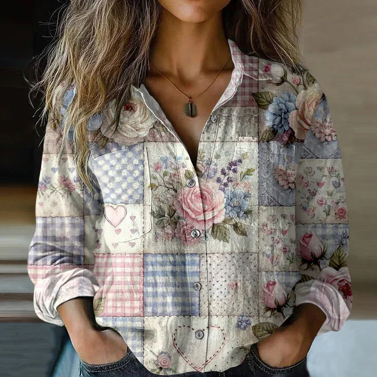 Women's Vintage Bohemian Patch Cotton And Linen Button-down Shirt