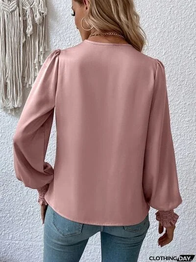 Surplice Smocked Lantern Sleeve Blouse