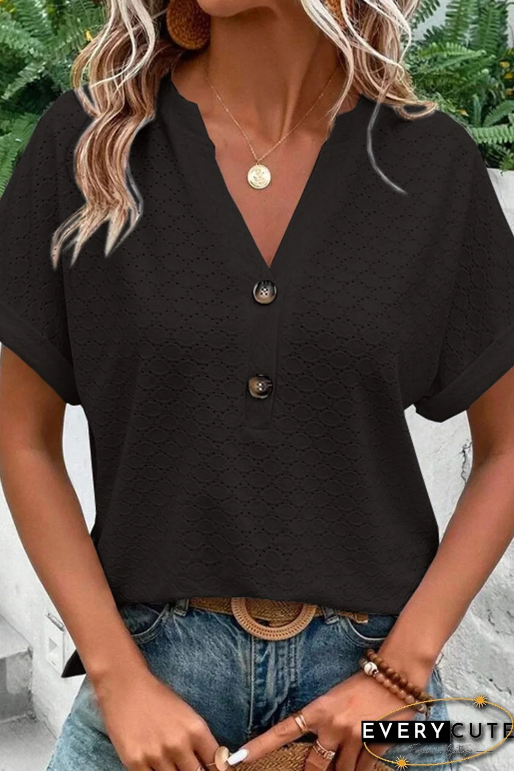 Black Eyelet Button-Accent Notch Neck Top