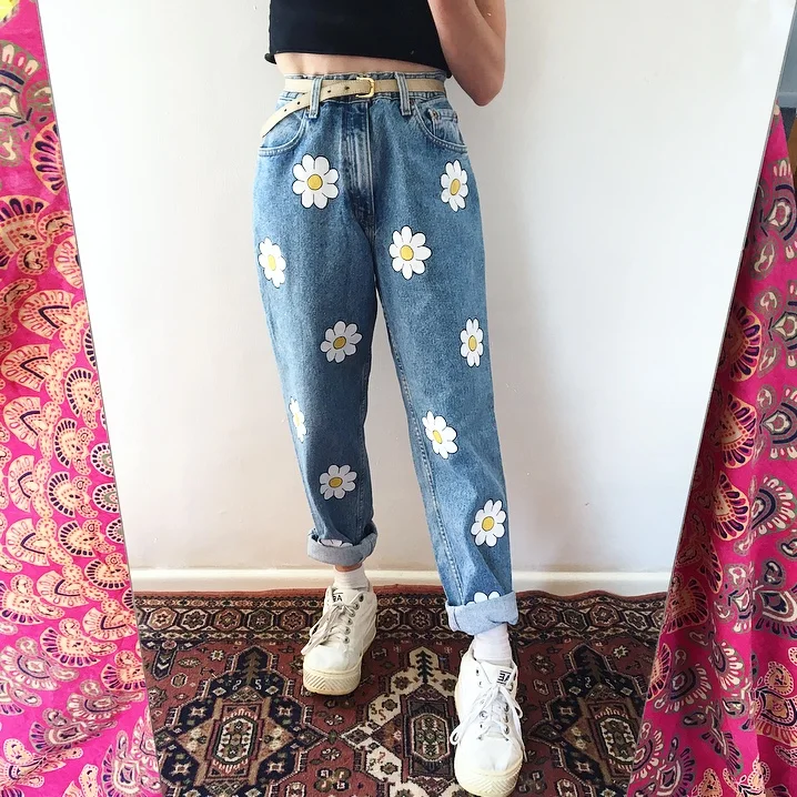 Fashion Flower Print Loose Jeans