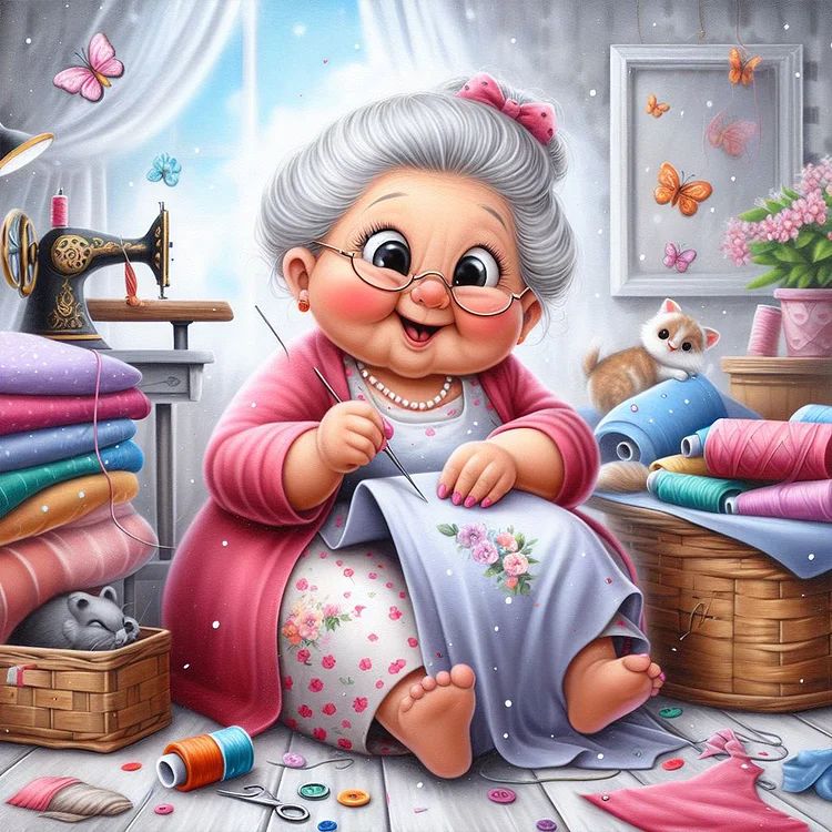 Full Round Diamond Painting - Old Lady With Sewing Machine 30*30CM
