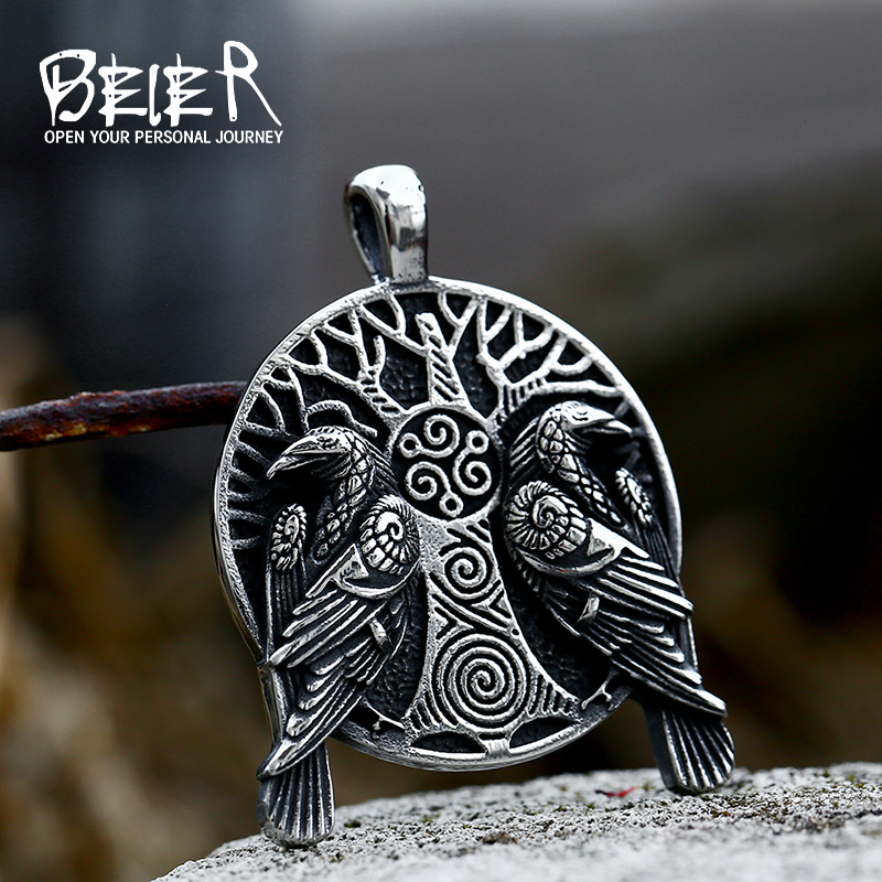 New Retro Men's And Women's Titanium Steel Necklace Beier Nordic Mythology Viking Odin Crow Stainless Steel Pendant