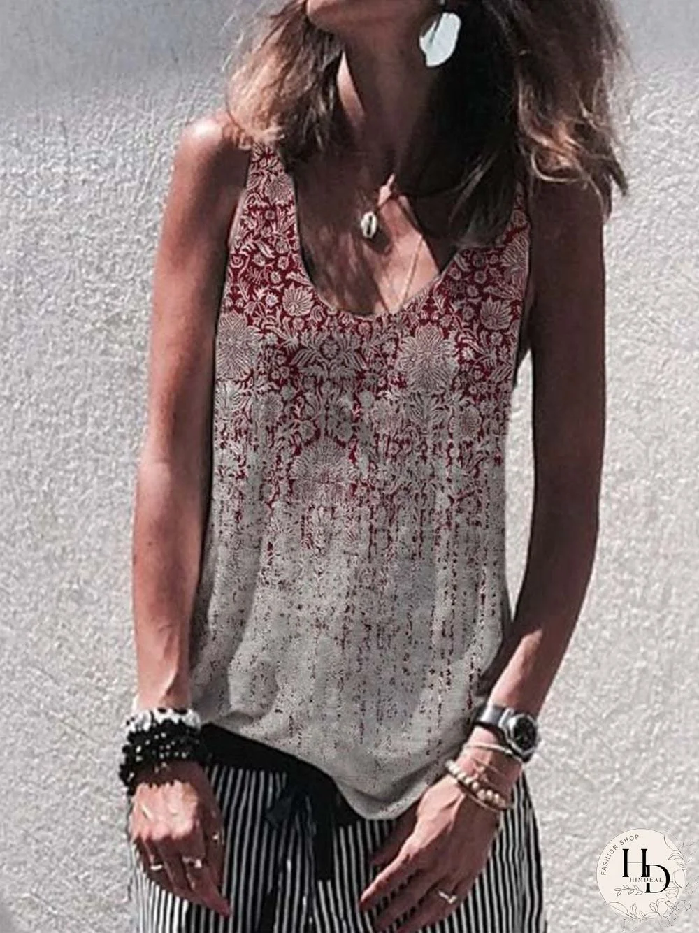 Printed Casual Crew Neck Sleeveless Tops