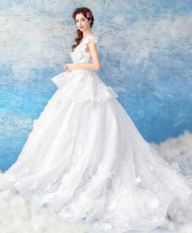 White Round Neck Lace Long Wedding Gown, Lace Wedding Dress