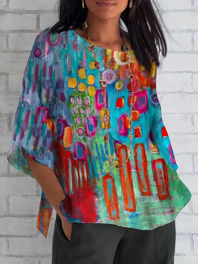 Women's Vintage Colorful Geometric Print Round Neck Short Sleeve T-Shirt