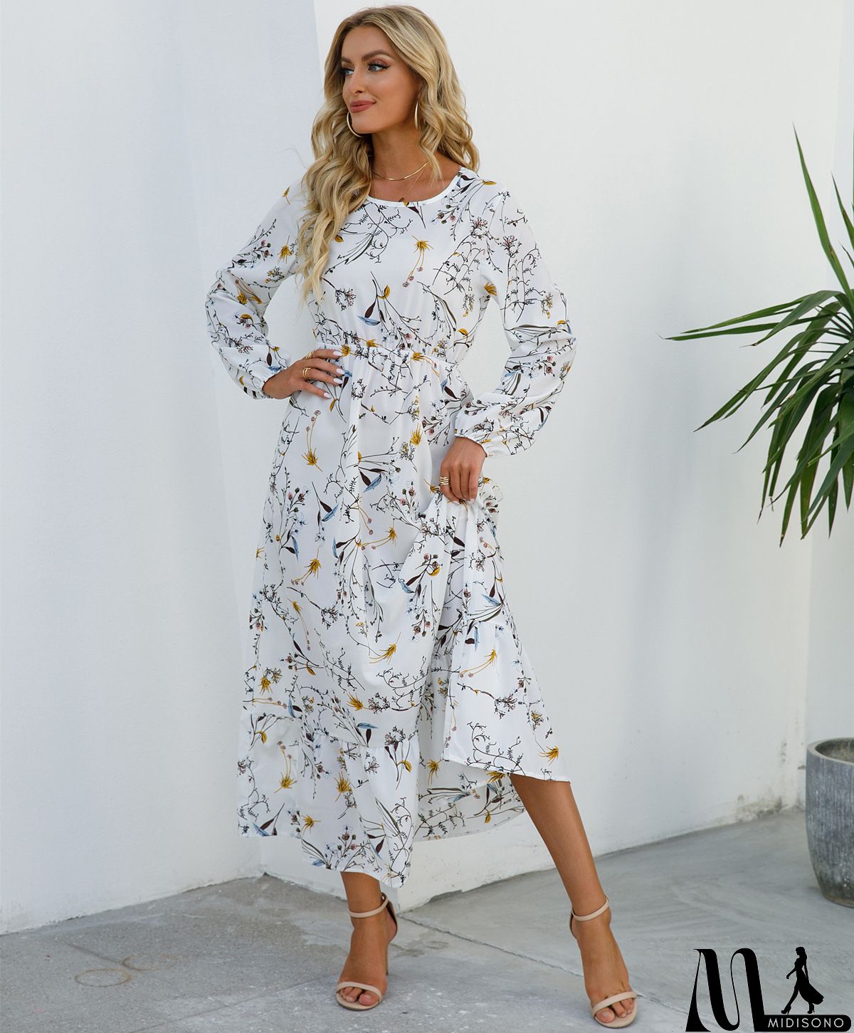 MidiSono - Women Fashion Casual Floral Print Round Neck Long Sleeve Maxi Dress