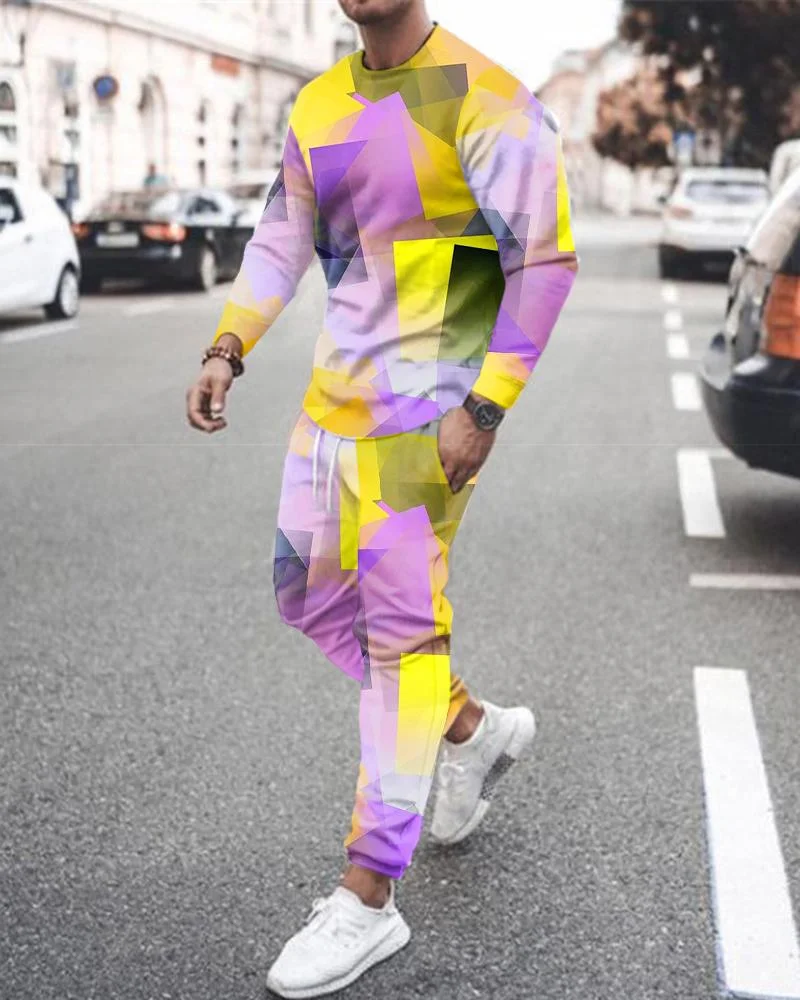 Men's Fashion Pink Geometric Printing Long-sleeved Suit