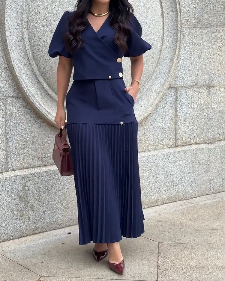 Puff-sleeved Top and Pleated Skirt Two-piece Set