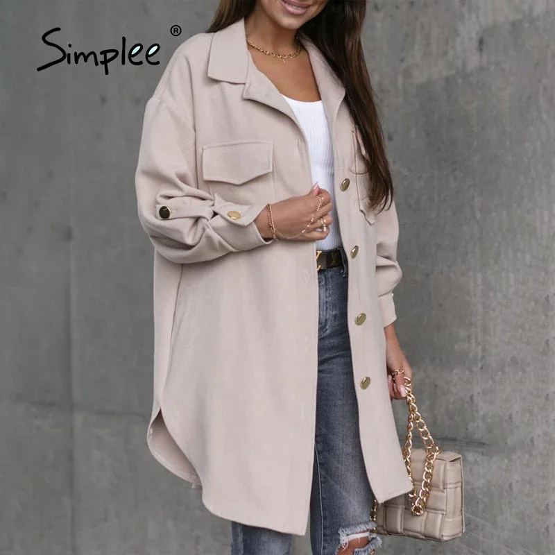 Simplee Office loose  lapel pocket women's jacket green Casual ladies autumn winter long coats  Minimalist split apricot outwear