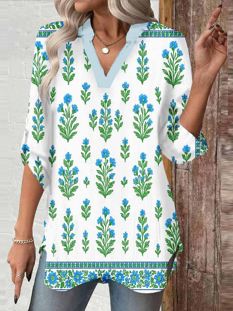 Women Floral, Leaves, Green, Blue DZGA0115 3/4 Sleeve V-neck Printed Graphic Button Tops
