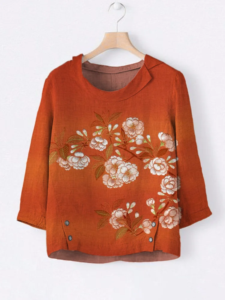 Japanese Floral Embroidery Linen Lapel Shirt