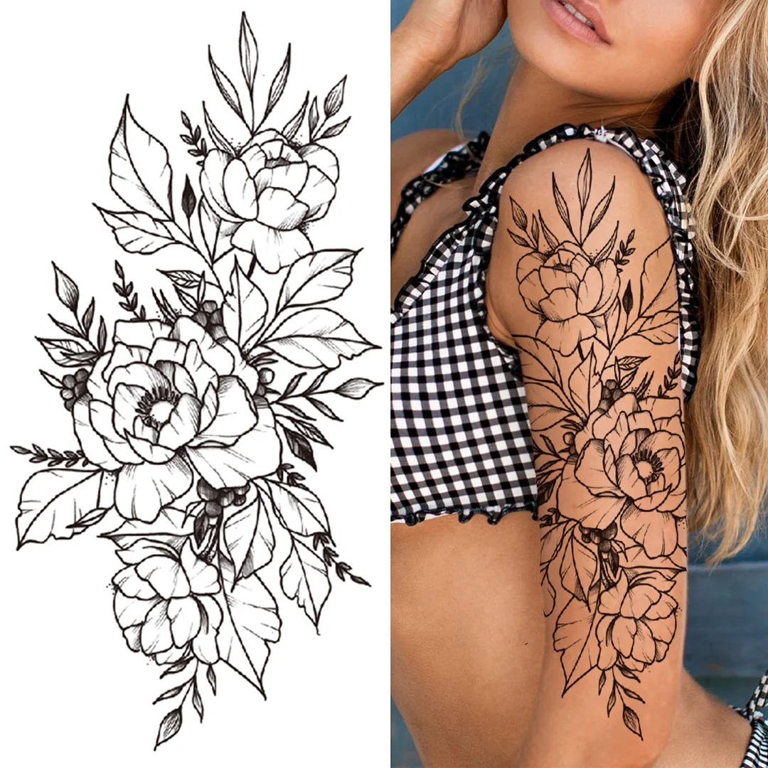 Realistic Fake Peony Temporary Tattoos For Women Girl Black Rose Elephant Flower Tattoo Sticker Tiger Anemone Tatoos Half Sleeve