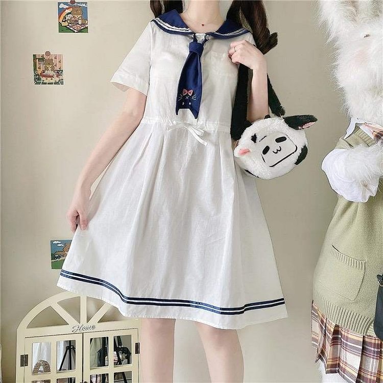 Cute White Sailor Kitty Dress SP16148
