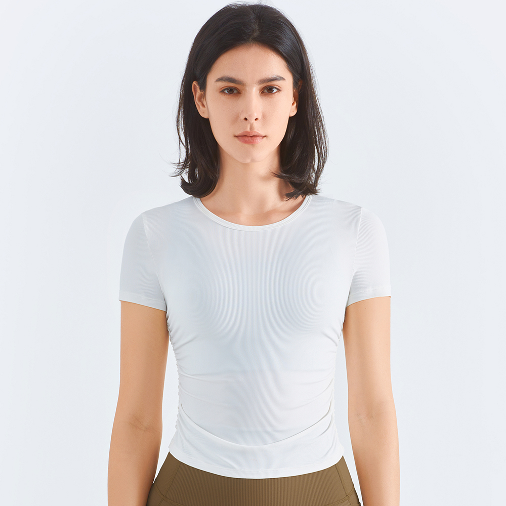 Buy Hergymclothing white quick dry ruched side short sleeve comfortable cool workout gym t shirt at an affordable price
