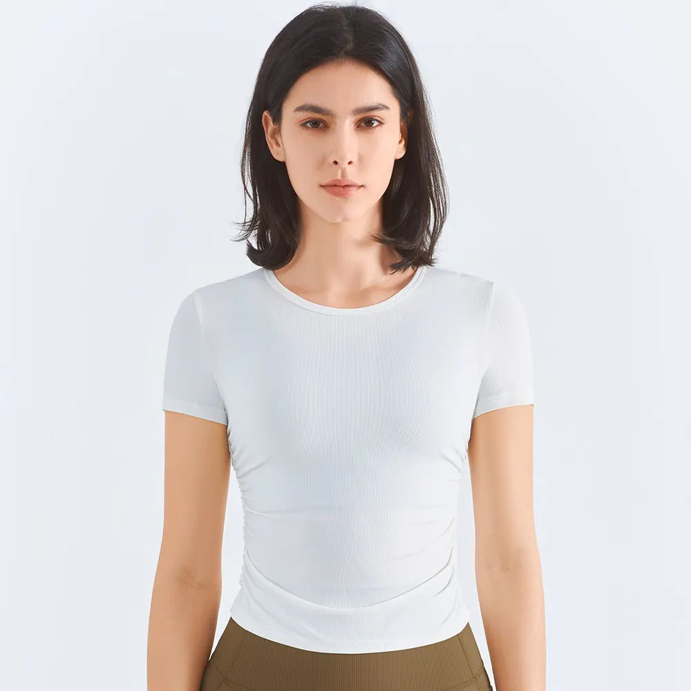 Buy Hergymclothing white quick dry ruched side short sleeve comfortable cool workout gym t shirt at an affordable price
