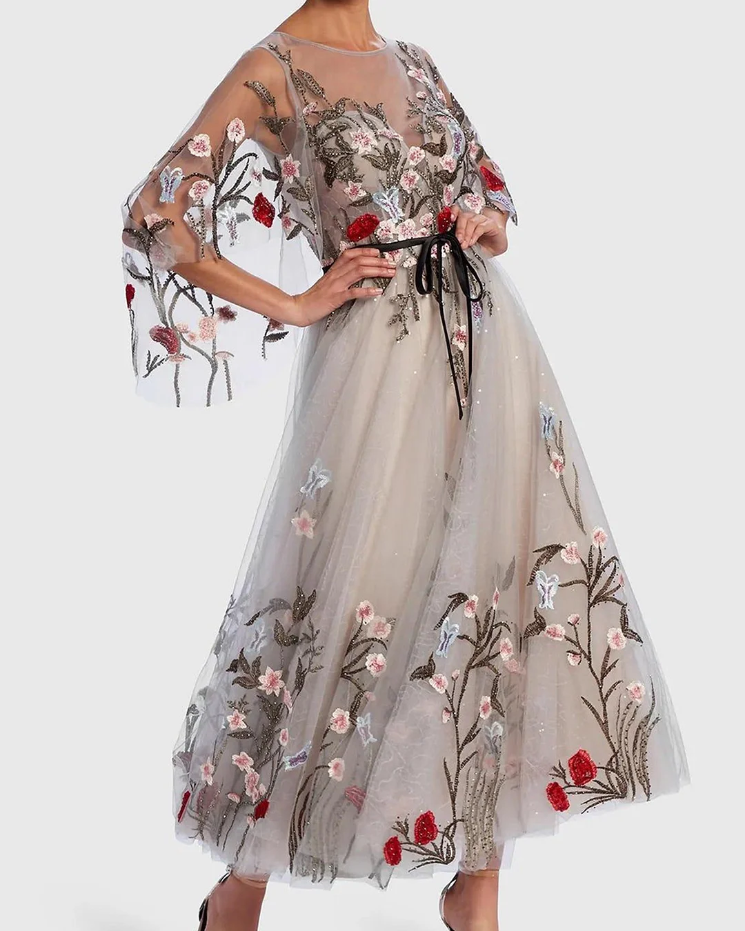 A-line dress with mesh print and receiving waist