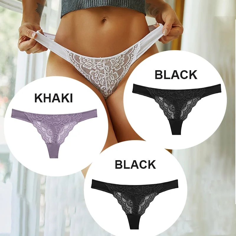FINETOO 3PCS/Set M-XL Cotton G-string Women Lace Panties Sexy Woman Thong Underwear Lingerie Lace Pantys Femme T-Back Underpants