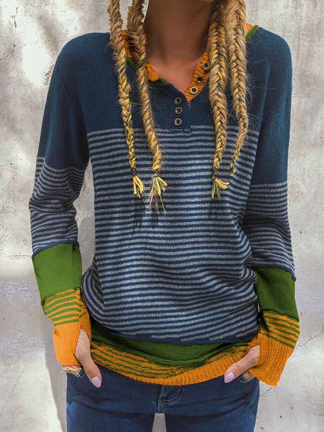 Striped Buttoned Color-block Knitted Tops