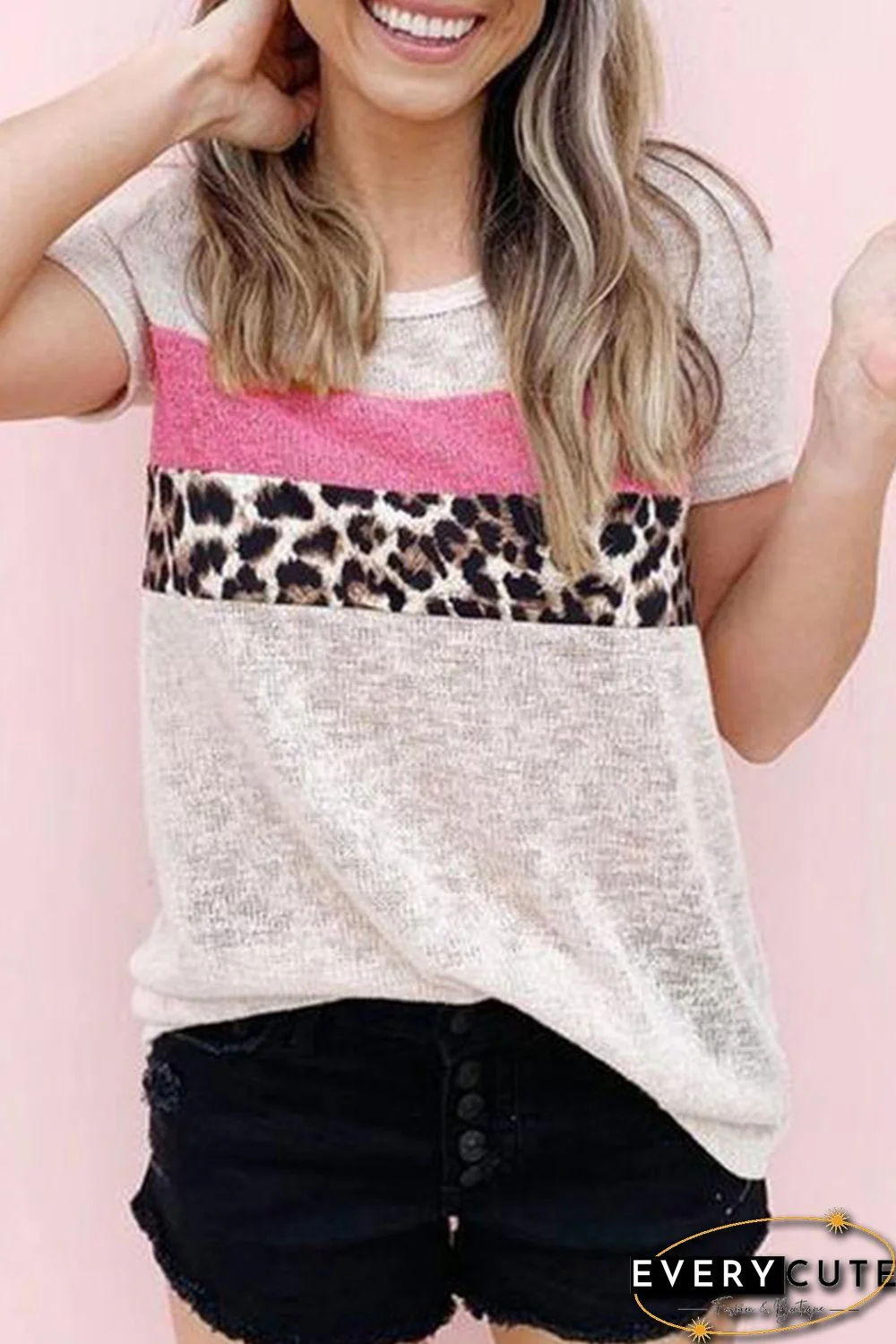 Beige Round Neck Leopard Patchwork Tee