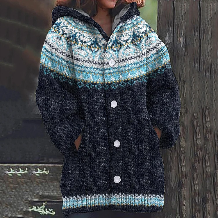 Utbros Icelandic Ethnic Print Knitted Hooded Cardigan