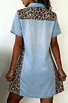 Women's Denim Block Leopard Patchwork Shirt Collar T Shirt Mini Dress