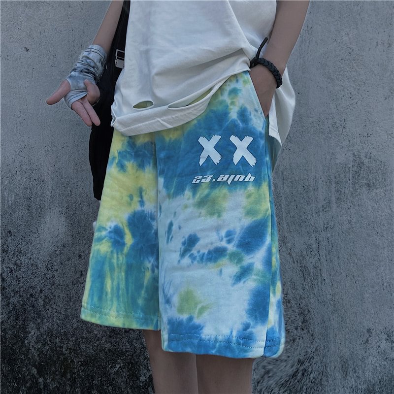 Trend casual loose sports tie-dye couple five-point pants