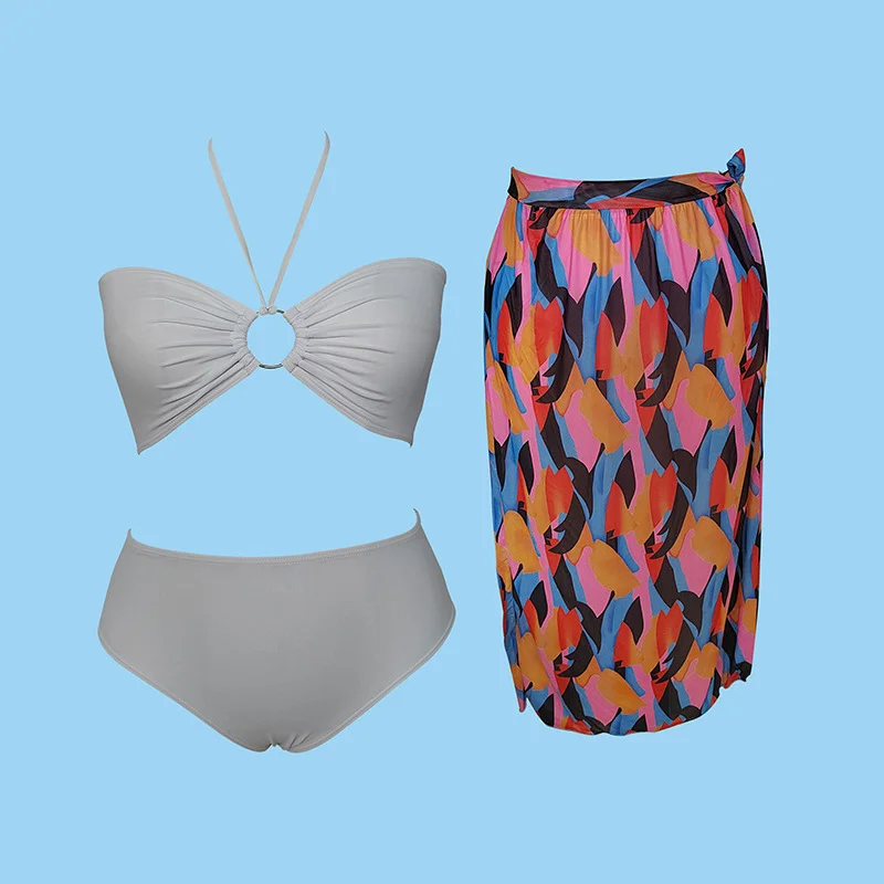Uveng 2025 New Swimsuit Women's Swimsuit Solid Color Bare Back Three-Piece Bikini Print Sexy Lady Bikini