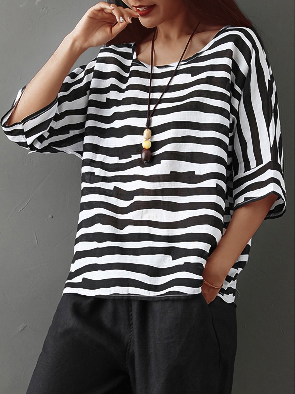 Plus Size Women Short Sleeves Round Neck Striped Floral Loose Casual Tops