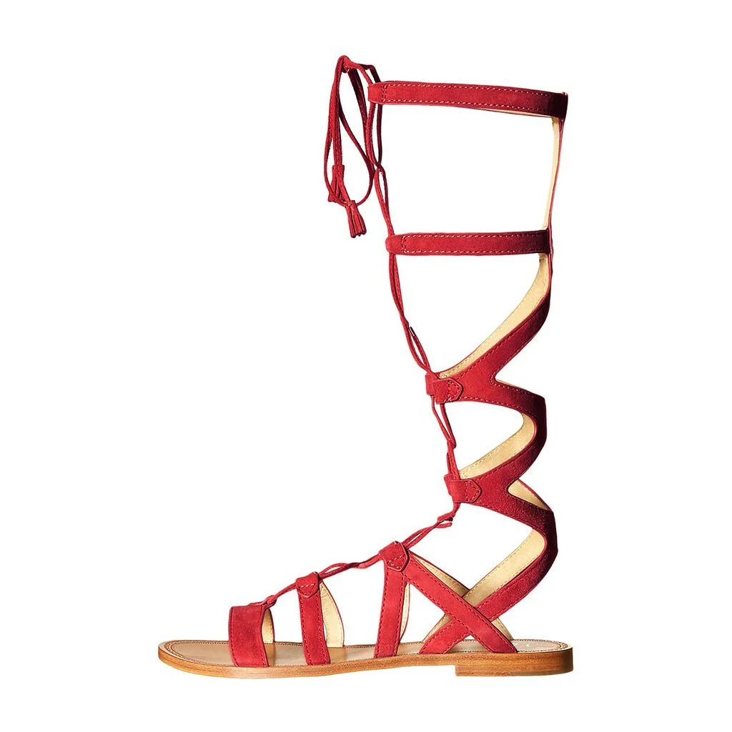 Casual Lace Up Knee High Flat Red Gladiator Sandals for Women