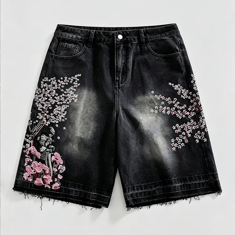 Retro Japanese Floral Samurai Long Shorts  Jorts