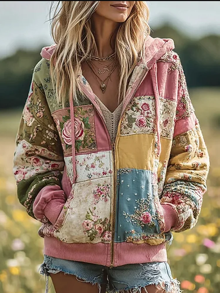 Damen Vintage Floral Patchwork Gem&uuml;tlich Warm Rei&szlig; verschluss Hoodie