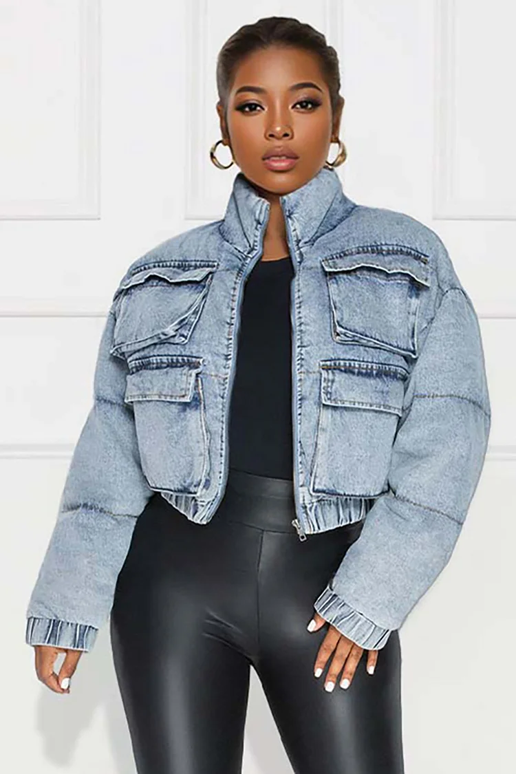 Denim Stand Collar Long Sleeve Pockets Crop Jacket-Blue