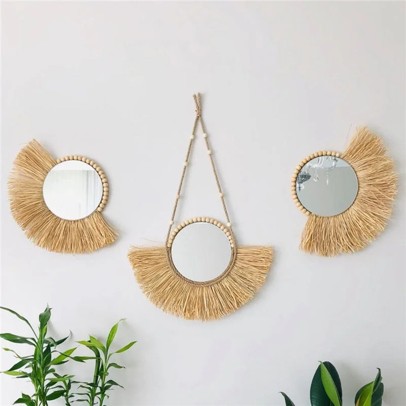 INS Moroccan Wood Bead Straw Woven Mirror Wall Ornaments Living Room Background Bedroom Mirrors Boho Homestay Home Decor Crafts