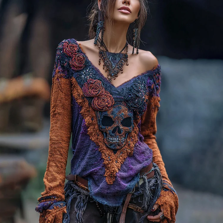Vintage Rose Skull Rhinestone Contrast V Neck T-shirt