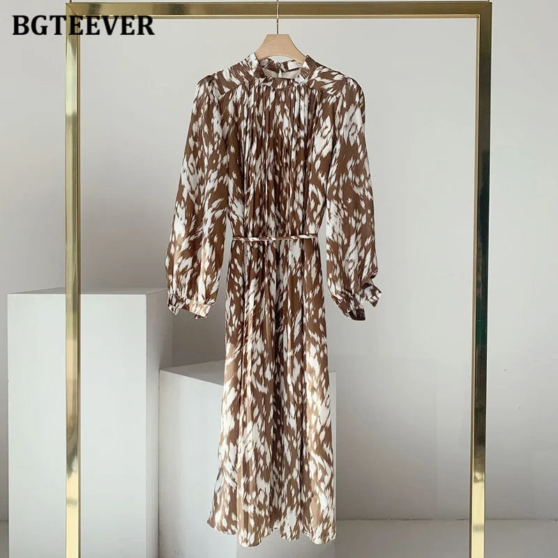 BGTEEVER 2021 Spring New Stand Collar Women Full Sleeve Dress Elegant Hit Color Female Lace-up Printed Midi Dress Vestidos