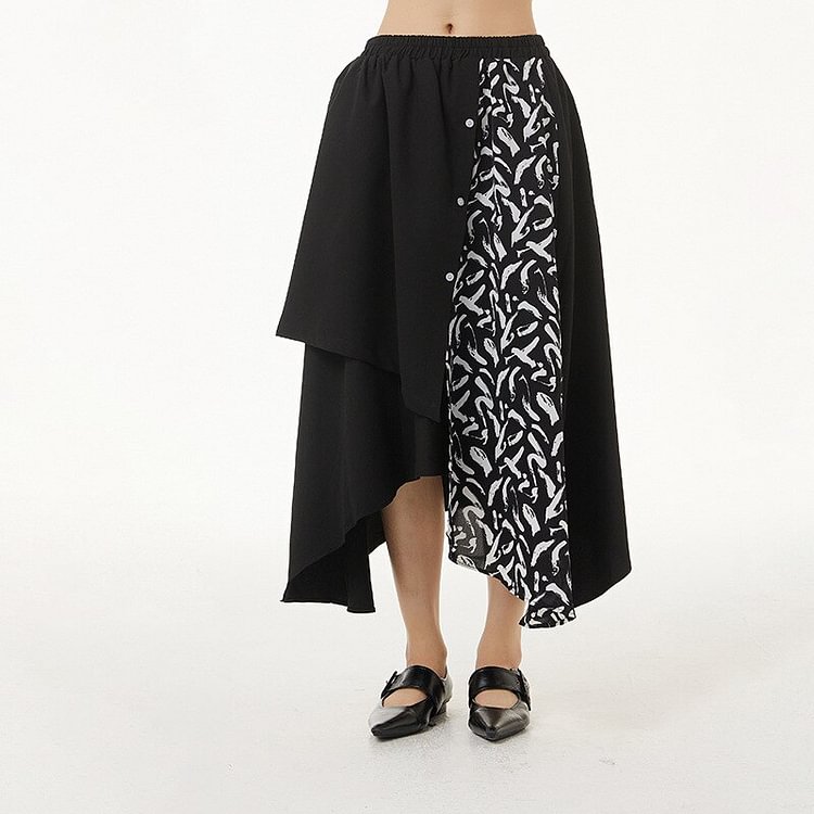 Temperament Printed Asymmetrical Patchwork Irregular Hem Skirts        