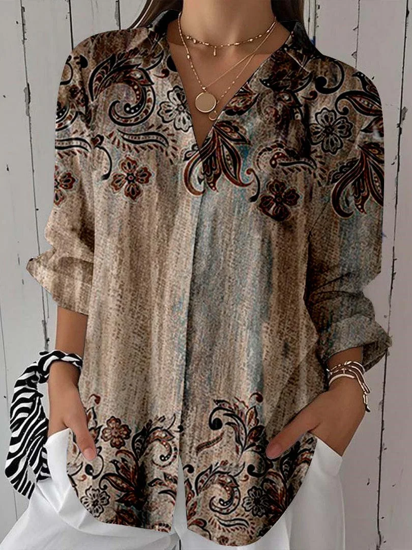 Women 3/4 Sleeve Shirt Collar Floral Printed Graphic Button Tops