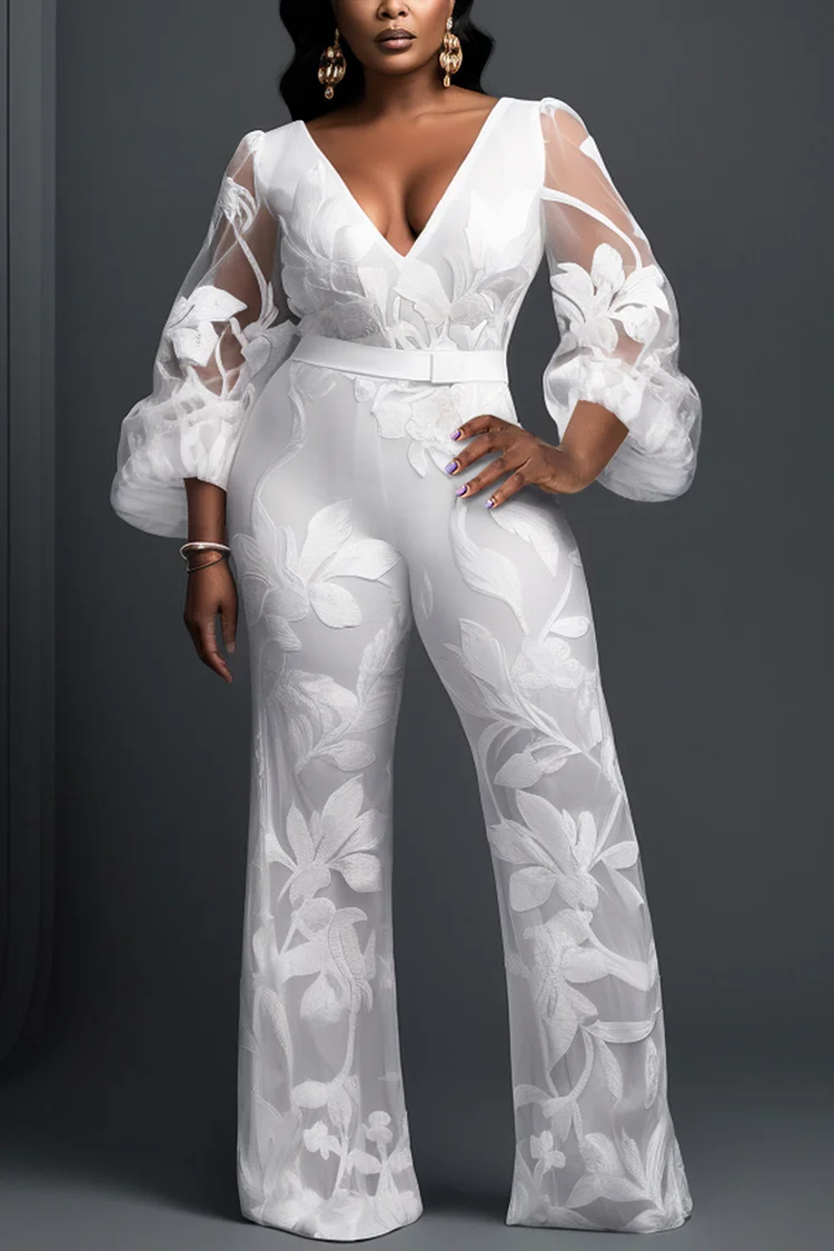 Xpluswear Design Plus Size Business Casual White Elegant V Neck Long Sleeve See Through Jumpsuits [Pre-Order]