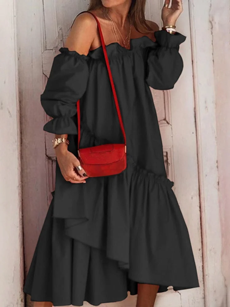 2022 VONDA Summer Sexy Off Shoulder Dress Women Long Sleeve Irregular Hem Lace Pleated Midi Sundress Bohemian Party Beach Robe