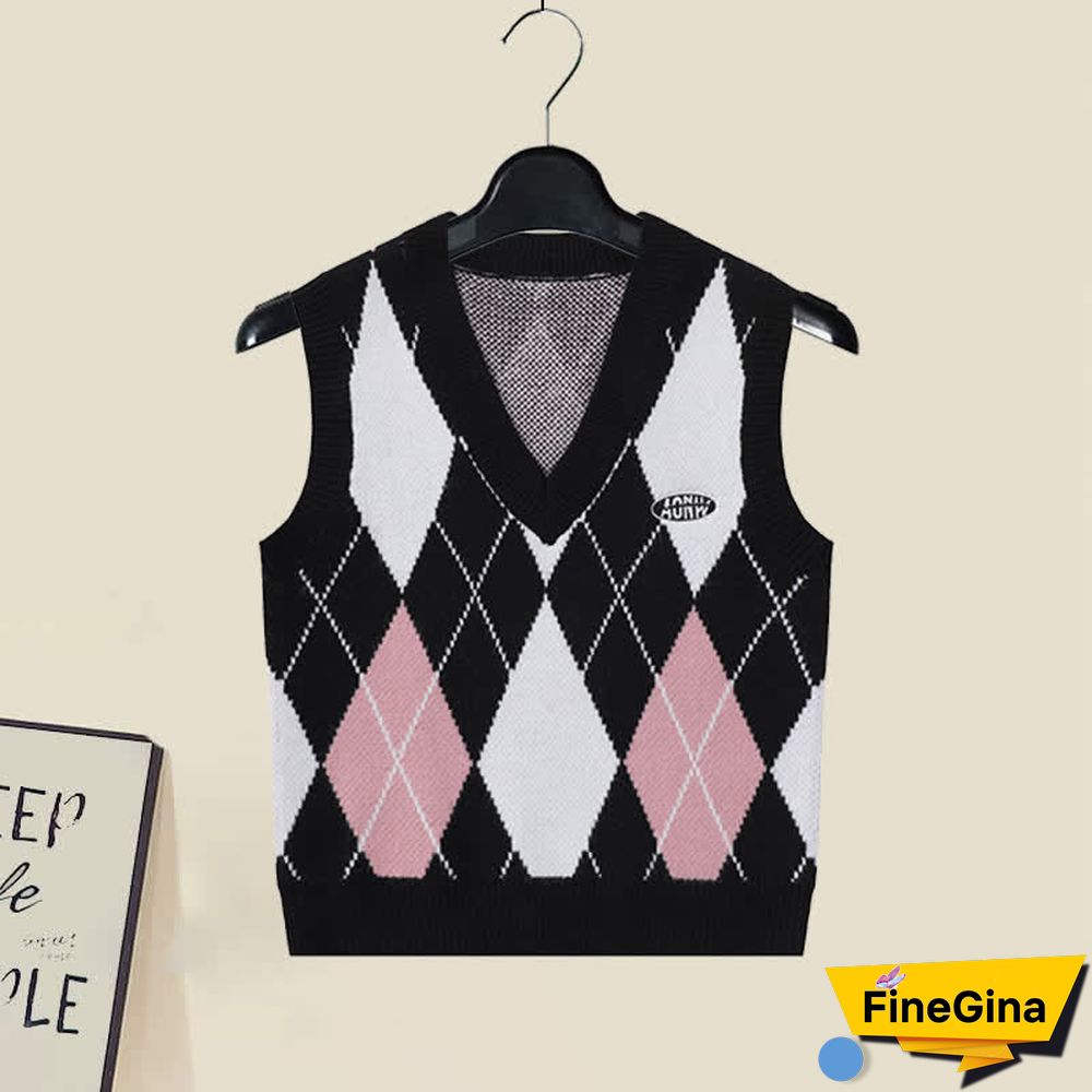 Colorblock Rhombus Print V-neck Vest Long Sleeve Shirt Pleated Skirt