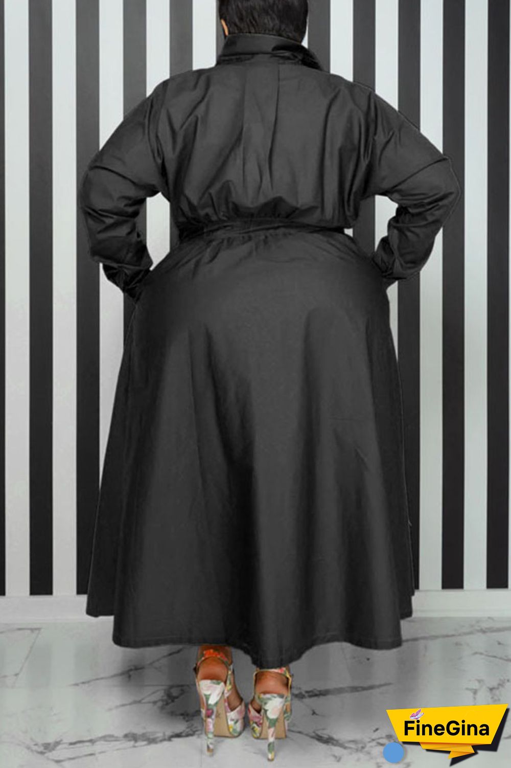 Black Casual Solid Patchwork Buckle Turndown Collar Shirt Dress Plus Size Dresses