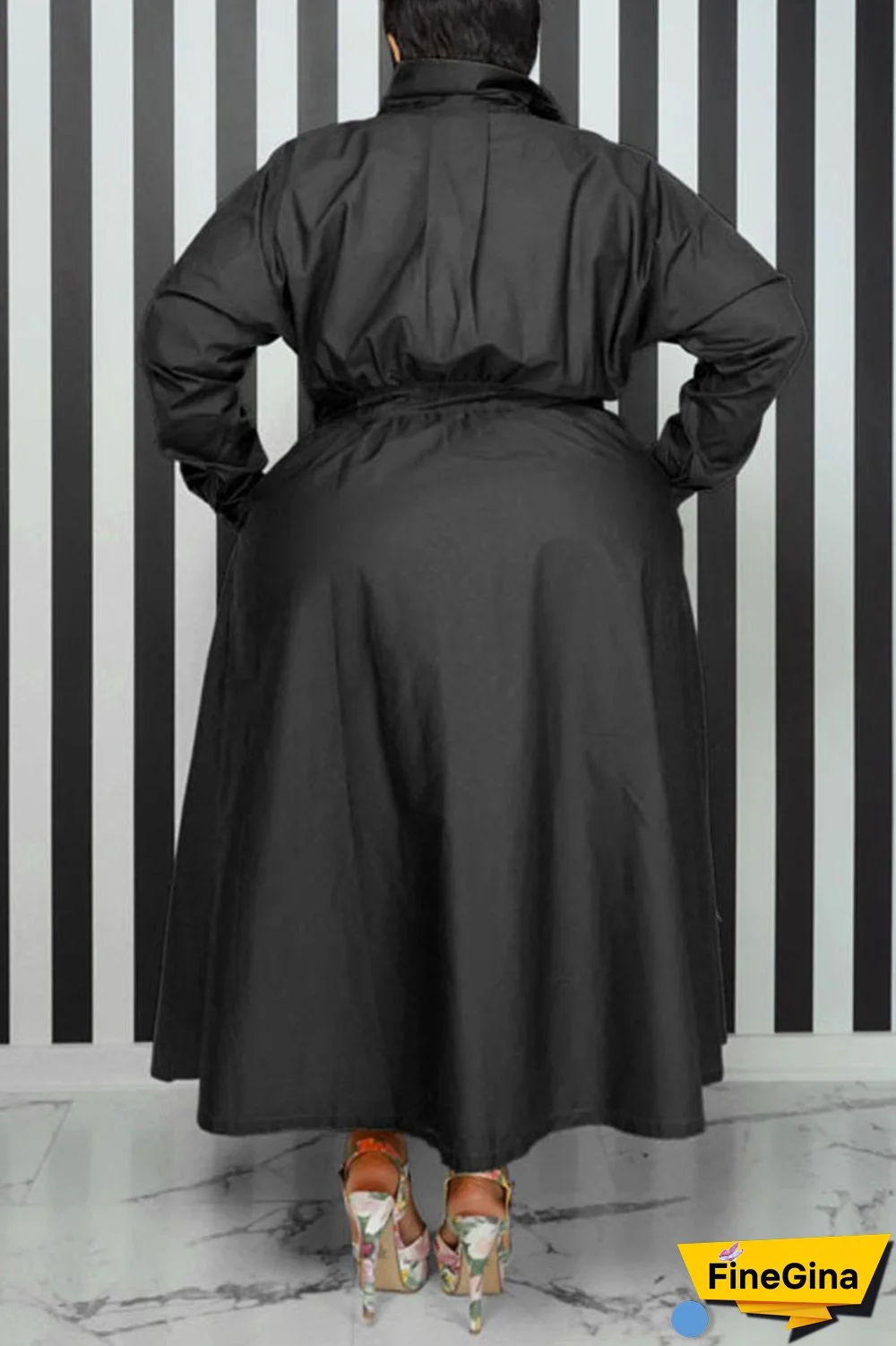 Black Casual Solid Patchwork Buckle Turndown Collar Shirt Dress Plus Size Dresses