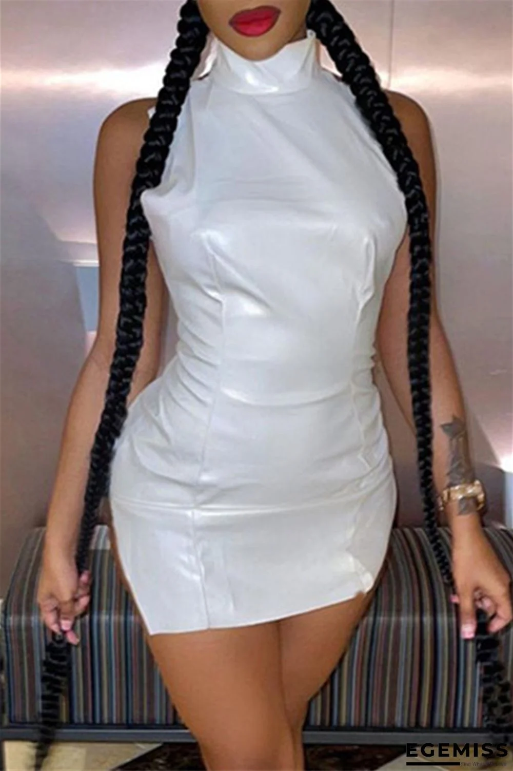 White Fashion Sexy Solid Backless Slit Turtleneck Sleeveless Dress | EGEMISS