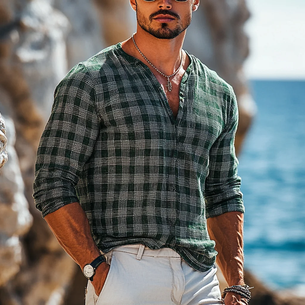 Holiday Bohemian Beach Men's Linen Casual Long Sleeve Shirt Top-inspireuse