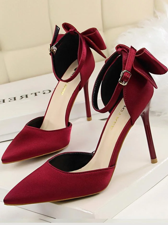 Stiletto high heel shallow pointy satin hollow back bow sandals
