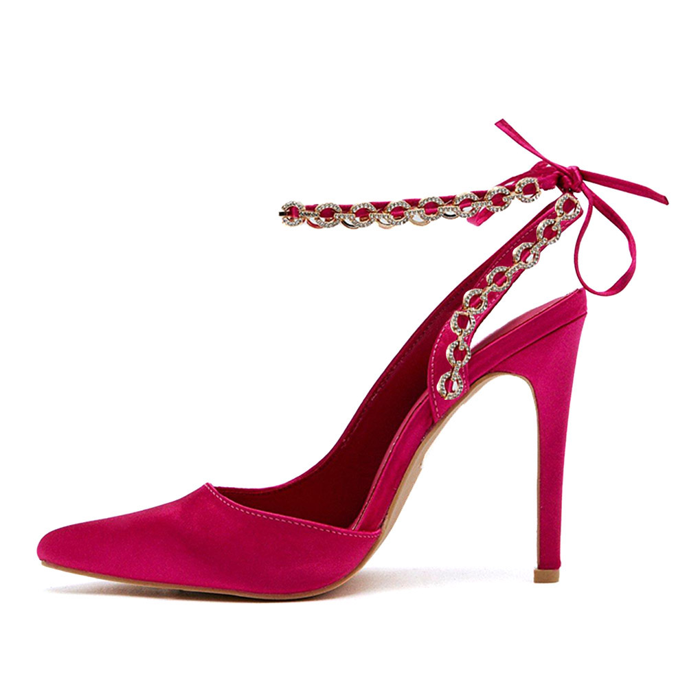 Fuchsia Satin Pointed Toe Ankle Strap Pumps Heels with Chains Nicepairs